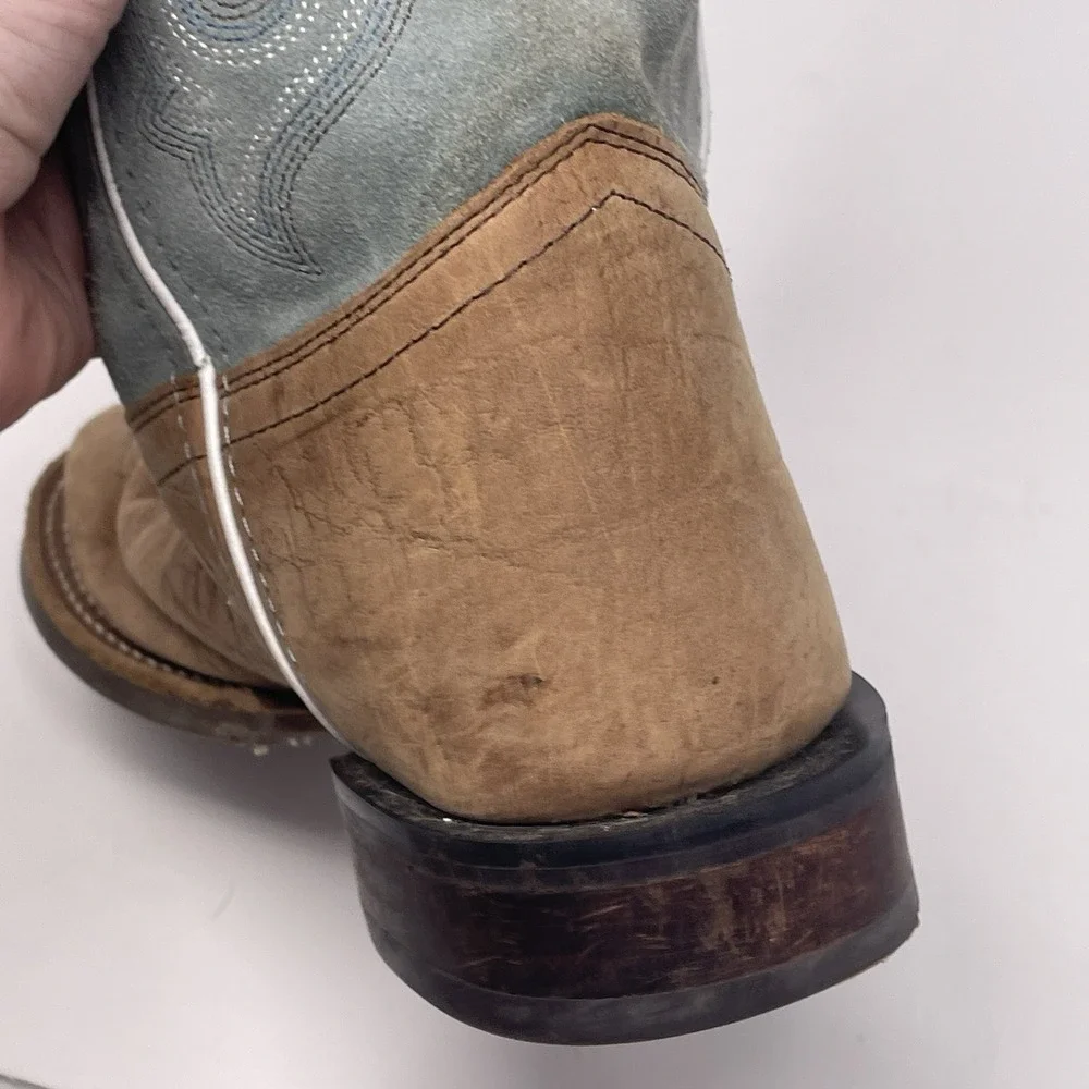 Old West Kids Leather Western Cowboy Boots Blue Suede Shaft Size 4.0 D BSY1944